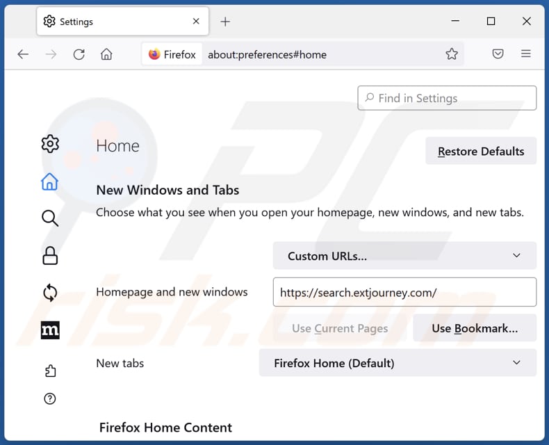 Removing search.extjourney.com from Mozilla Firefox homepage