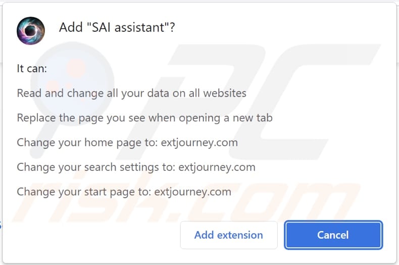 SAI assistant browser hijacker asking for permissions