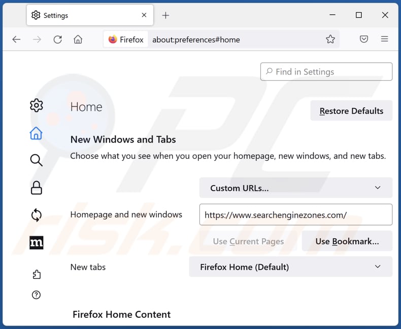 Removing searchenginezones.com from Mozilla Firefox homepage