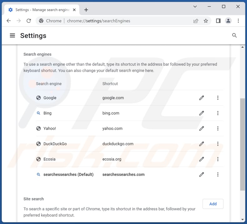 Removing searchessearches.com from Google Chrome default search engine