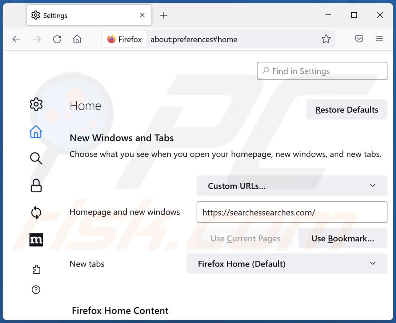 Removing searchessearches.com from Mozilla Firefox homepage
