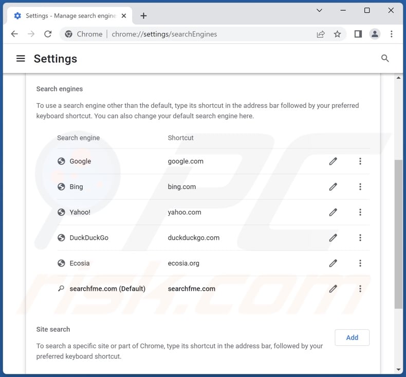 Removing searchfme.com from Google Chrome default search engine