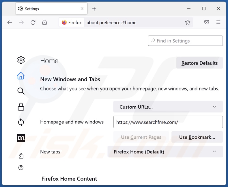 Removing searchfme.com from Mozilla Firefox homepage