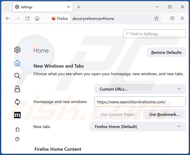 Removing searchitonlinehome.com from Mozilla Firefox homepage