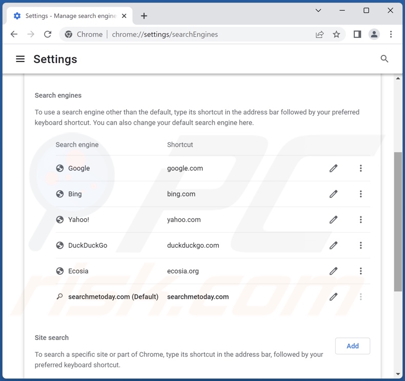Removing searchmetoday.com from Google Chrome default search engine