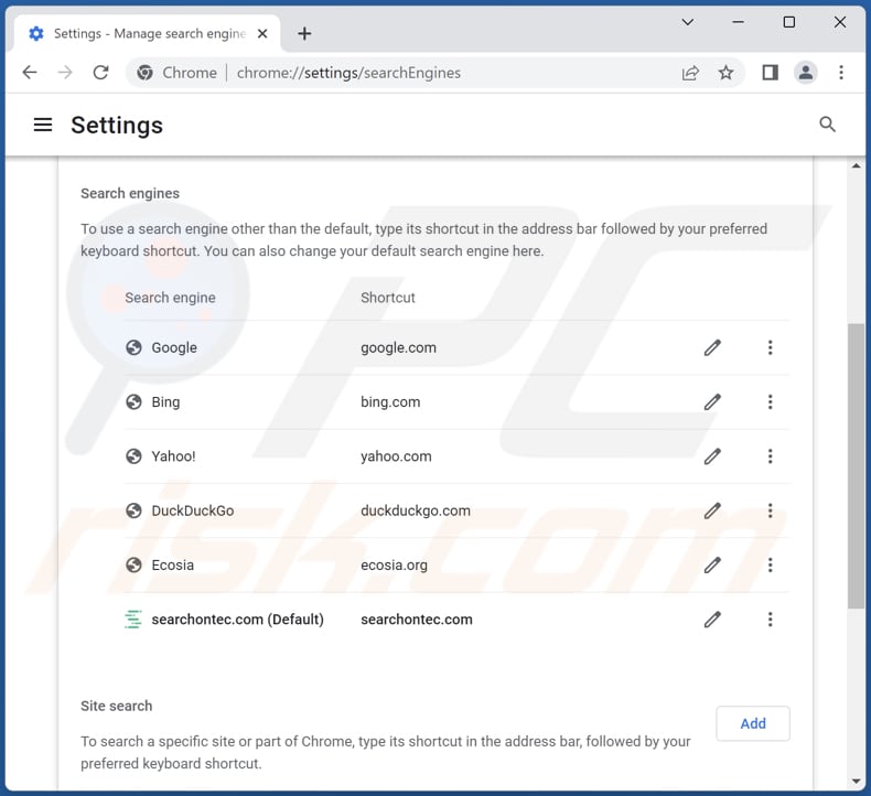 Removing searchontec.com from Google Chrome default search engine