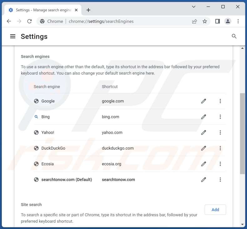 Removing searchtonow.com from Google Chrome default search engine