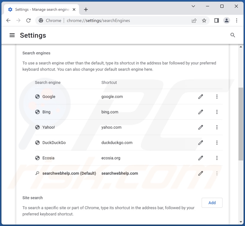 Removing searchwebhelp.com from Google Chrome default search engine