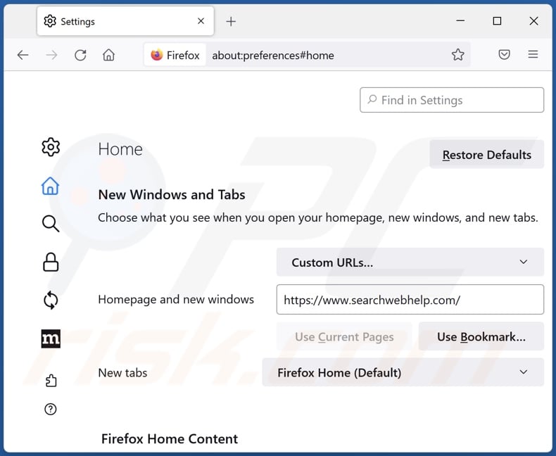 Removing searchwebhelp.com from Mozilla Firefox homepage