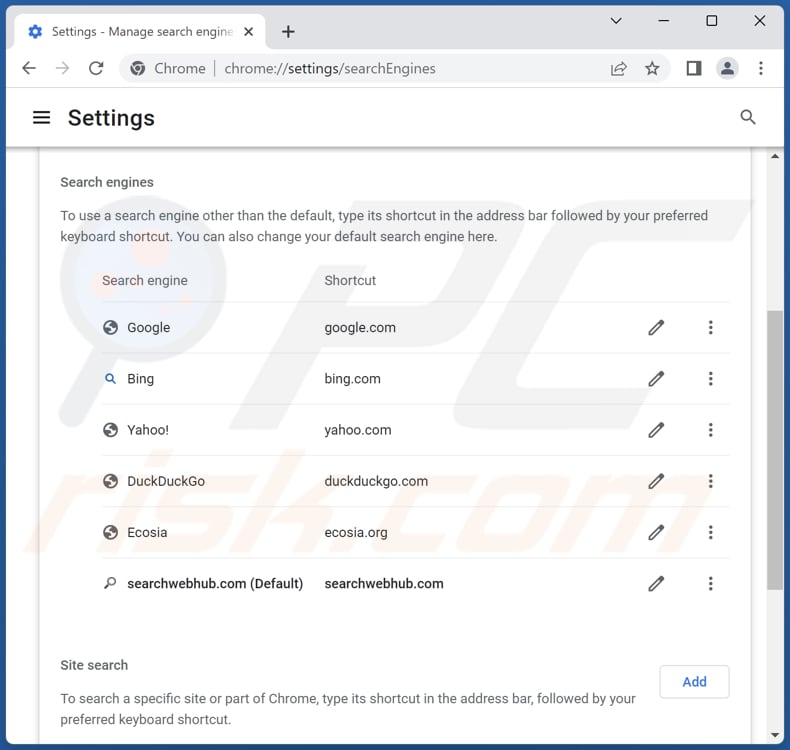 Removing searchwebhub.com from Google Chrome default search engine