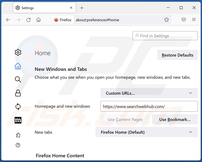 Removing searchwebhub.com from Mozilla Firefox homepage