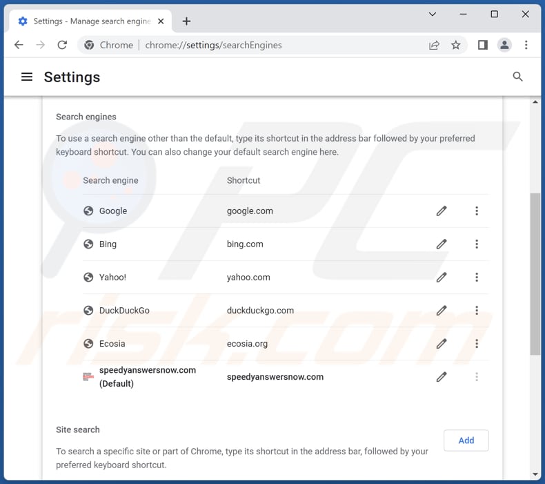 Removing speedyanswersnow.com from Google Chrome default search engine