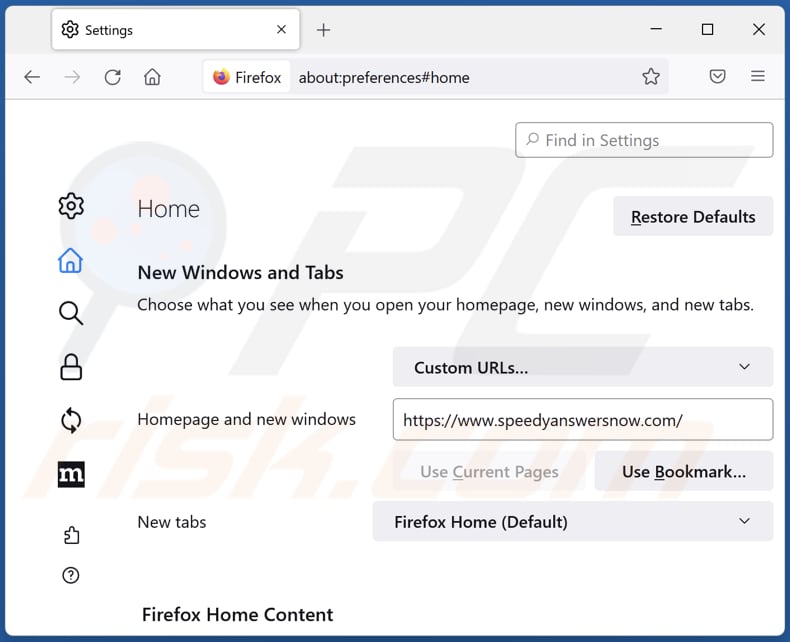 Removing speedyanswersnow.com from Mozilla Firefox homepage