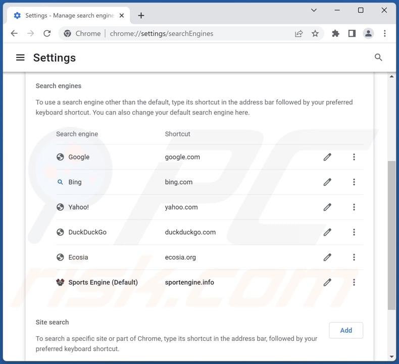 Removing sportengine.info from Google Chrome default search engine