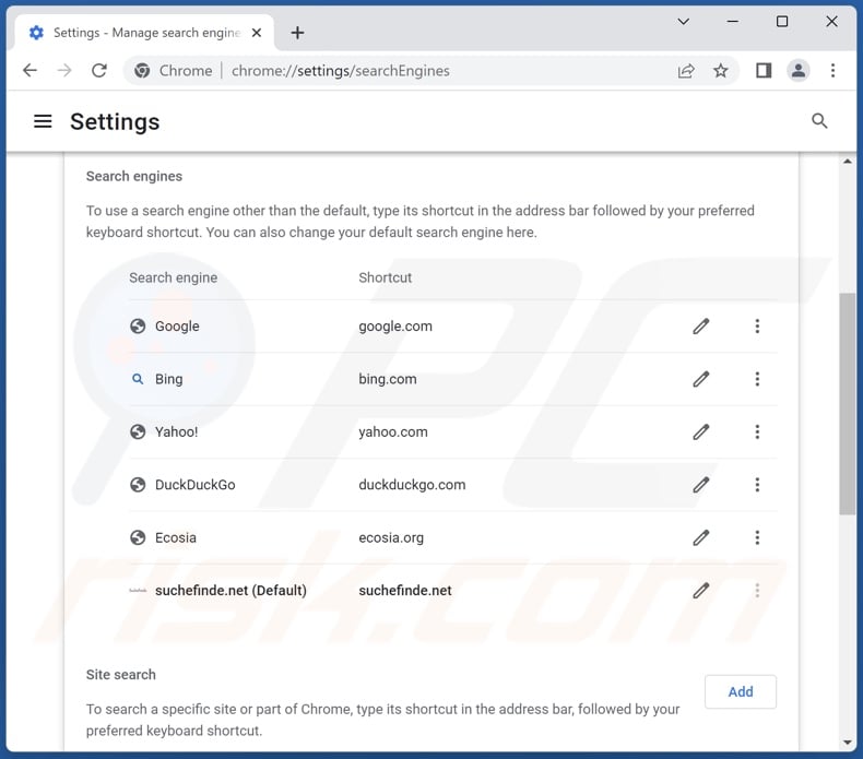 Removing suchefinde.net from Google Chrome default search engine