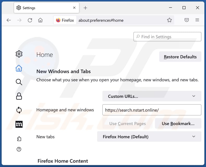 Removing search.nstart.online from Mozilla Firefox homepage