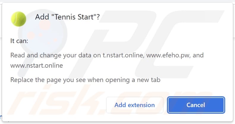 Tennis Start browser hijacker asking for permissions