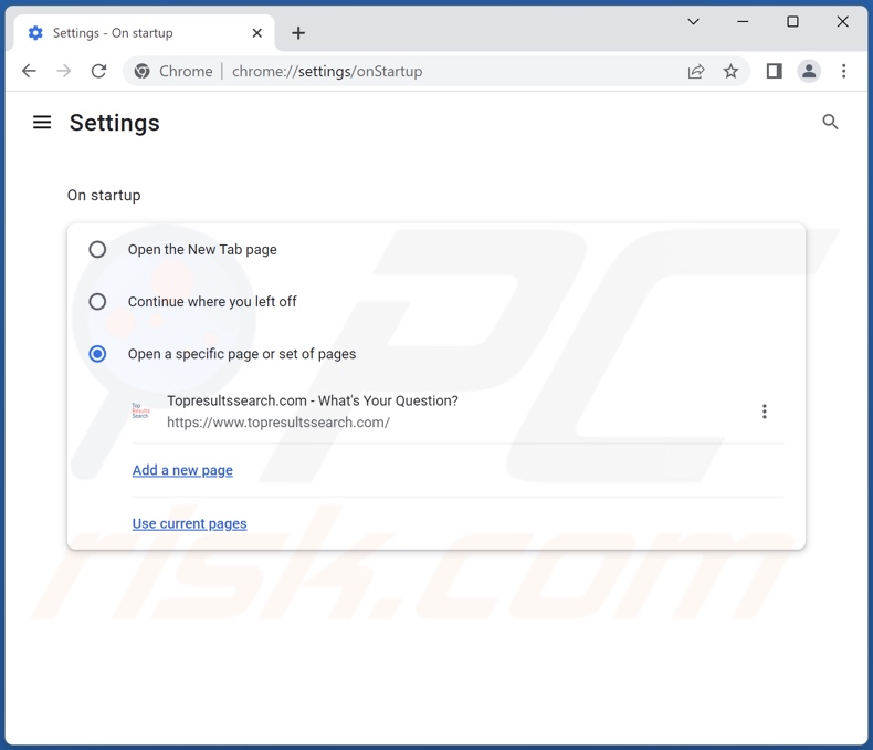 Removing topresultssearch.com from Google Chrome homepage