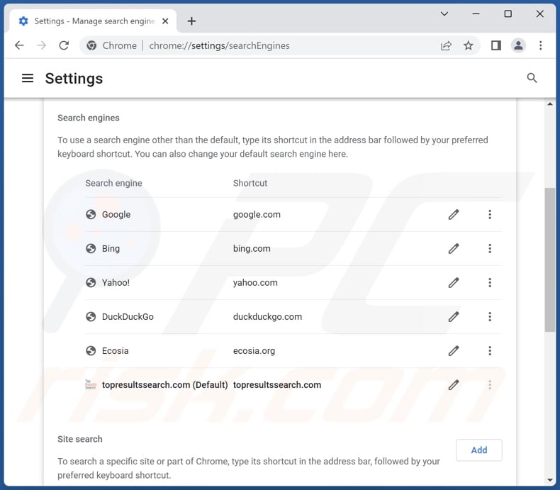 Removing topresultssearch.com from Google Chrome default search engine