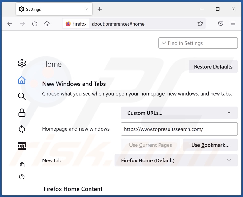 Removing topresultssearch.com from Mozilla Firefox homepage