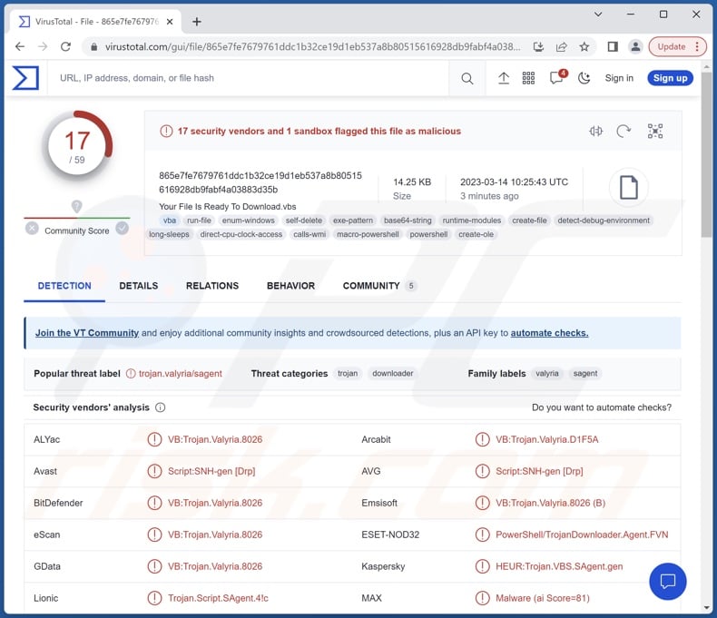 Valyria detections on VirusTotal