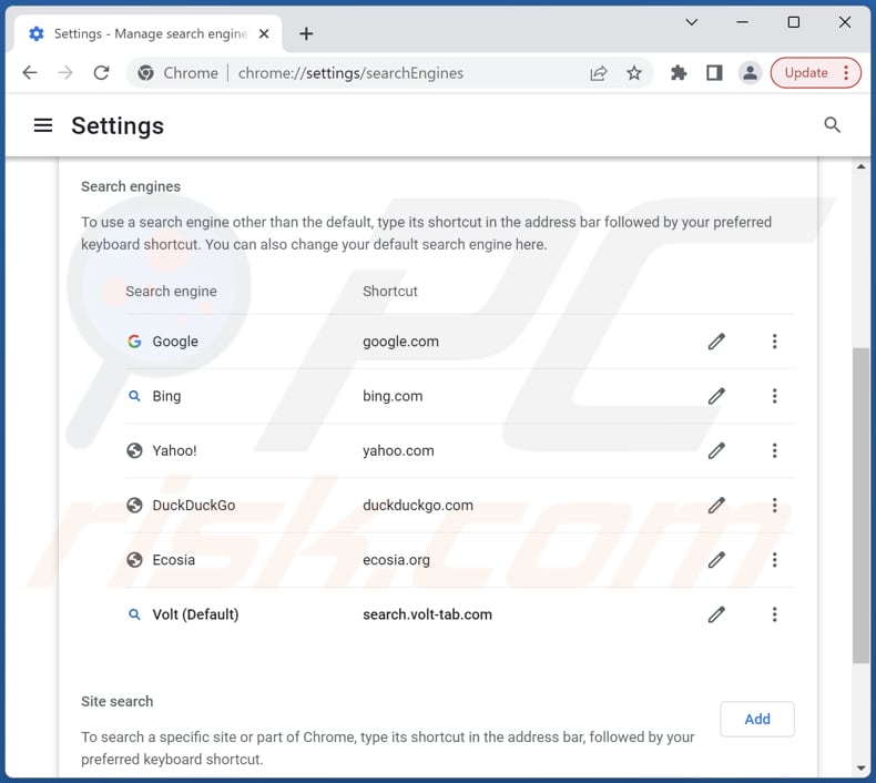 Removing search.volt-tab.com from Google Chrome default search engine