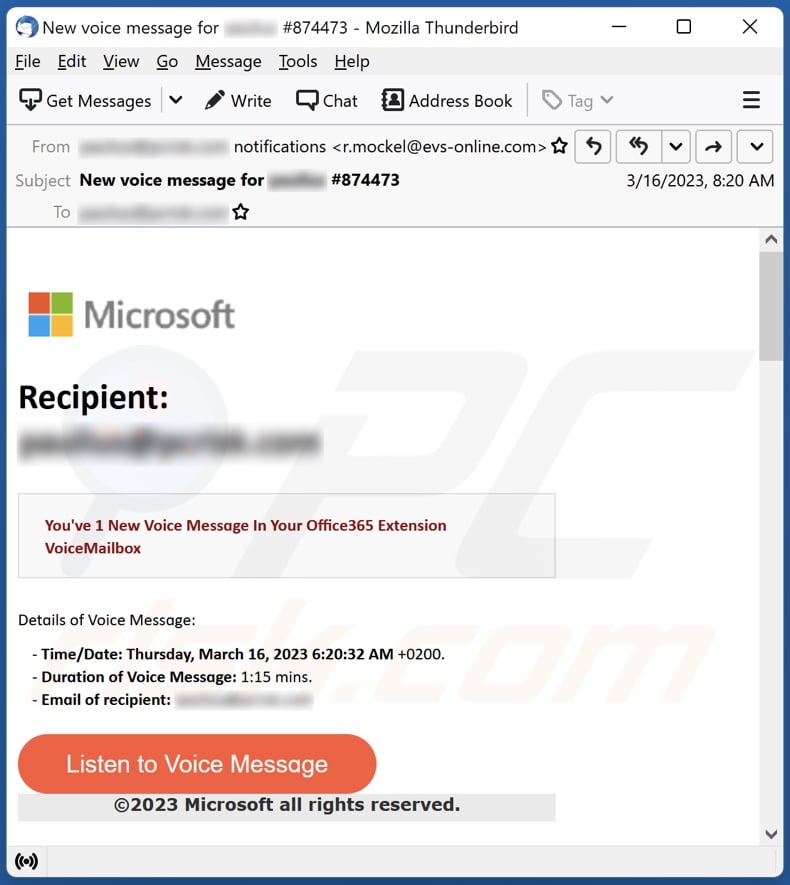 Voіce Messɑge In Your Office365 Extension email spam campaign