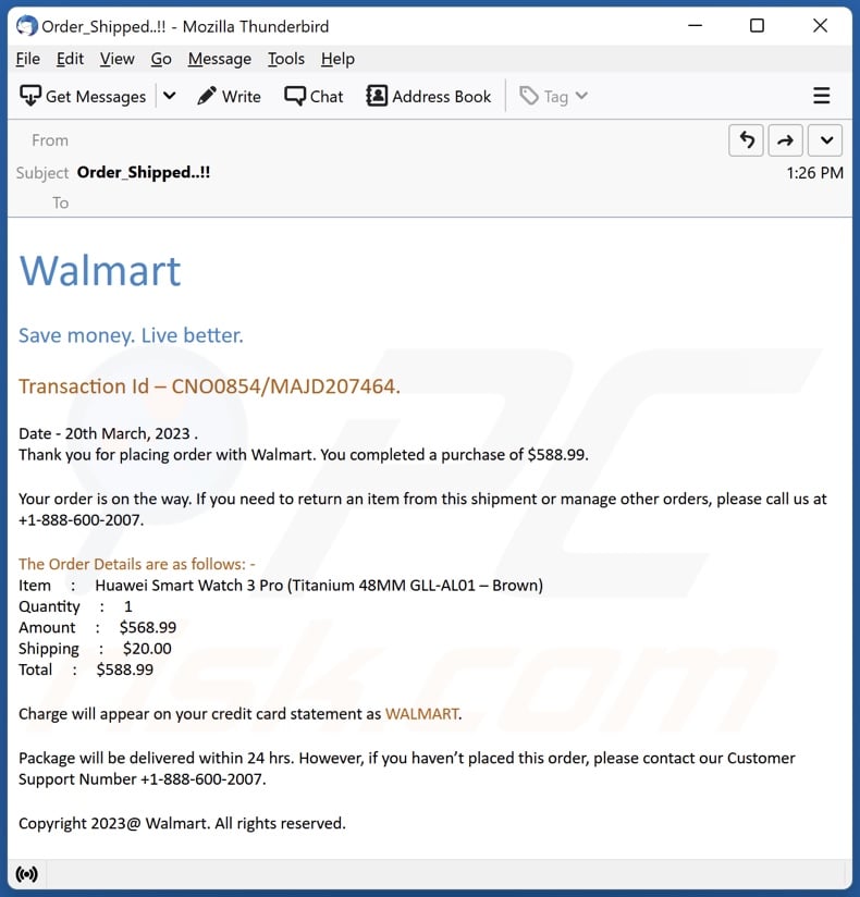Walmart Order email spam campaign
