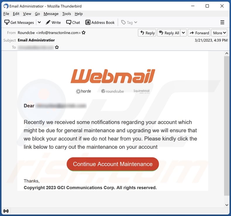 Webmail Account Maintenance email spam campaign
