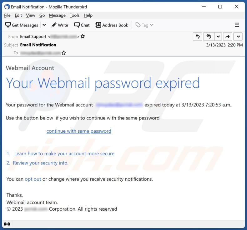 Webmail Password Expired email spam campaign