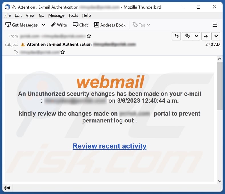 Webmail Security Changes email spam campaign