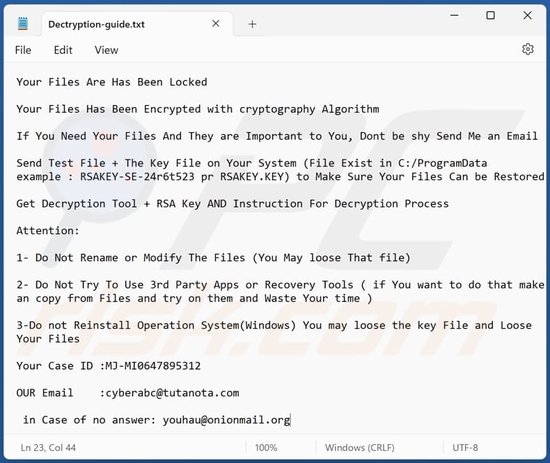 Youhau ransomware text file (Dectryption-guide.txt)