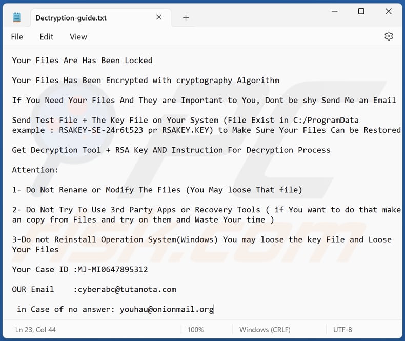 Youhau ransomware text file (Dectryption-guide.txt)