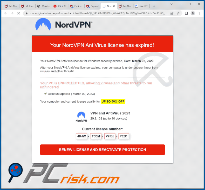 Appearance of Your NordVPN AntiVirus License Has Expired! scam (GIF)