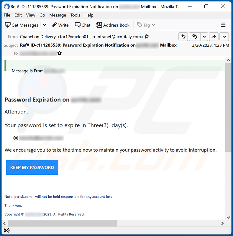 Your password is set to expire in Three(3)  day(s) scam email (2023-03-21)