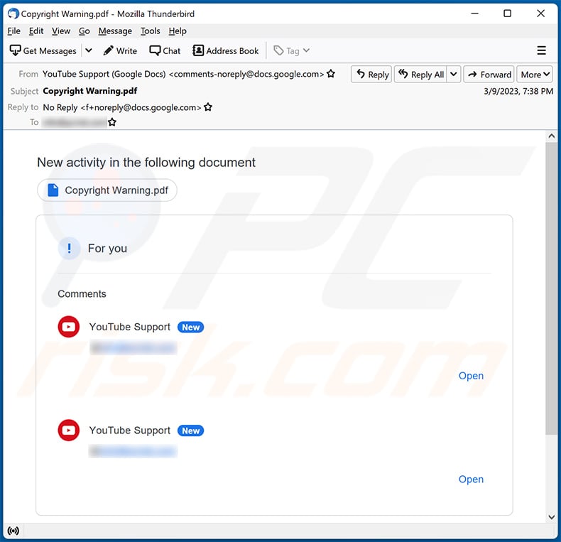 YouTube Copyright-themed spam email (2023-03-13)