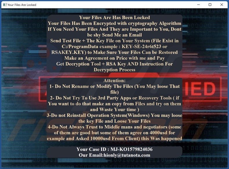 Zxc ransomware ransom note (Decryption-Guide.HTA)