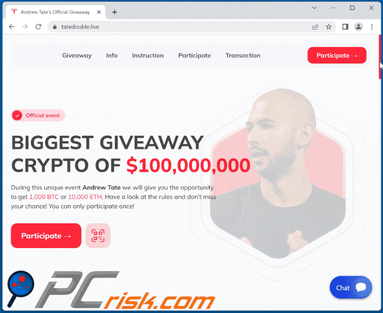 Appearance of Andrew Tate Crypto Giveaway scam