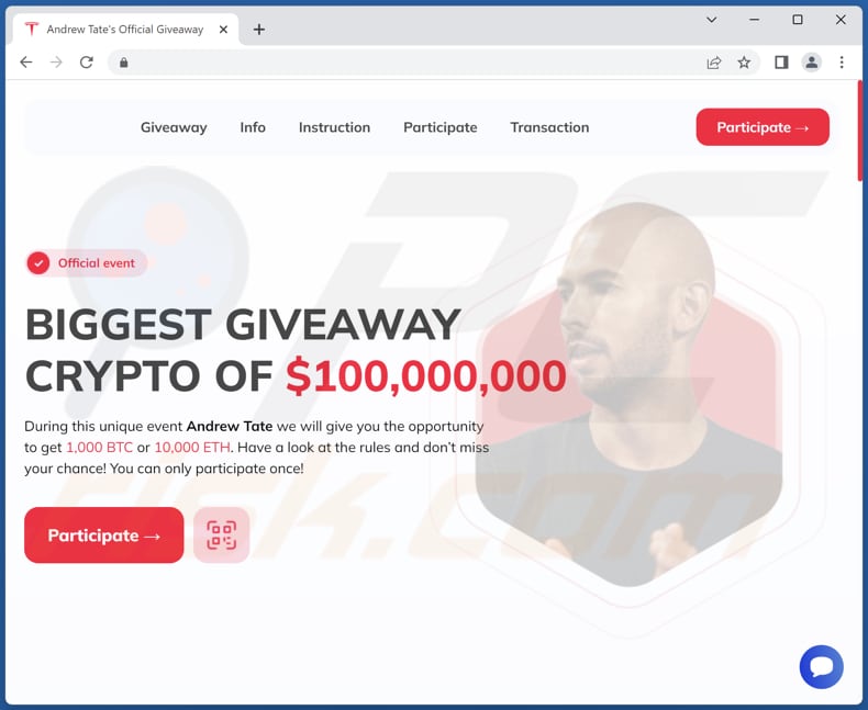 https://www.pcrisk.com/images/stories/screenshots202304/andrew-tate-crypto-giveaway-scam-main.jpg