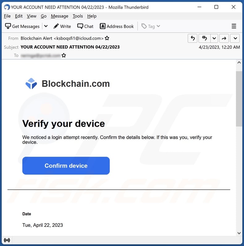 Blockchain.com - Verify Your Account email spam campaign