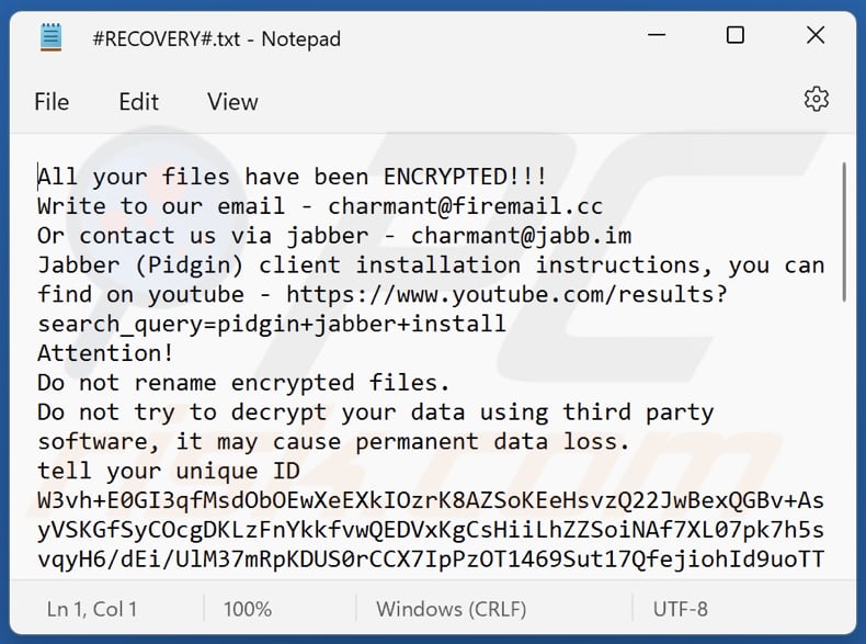Charmant ransomware text file (#RECOVERY#.txt)