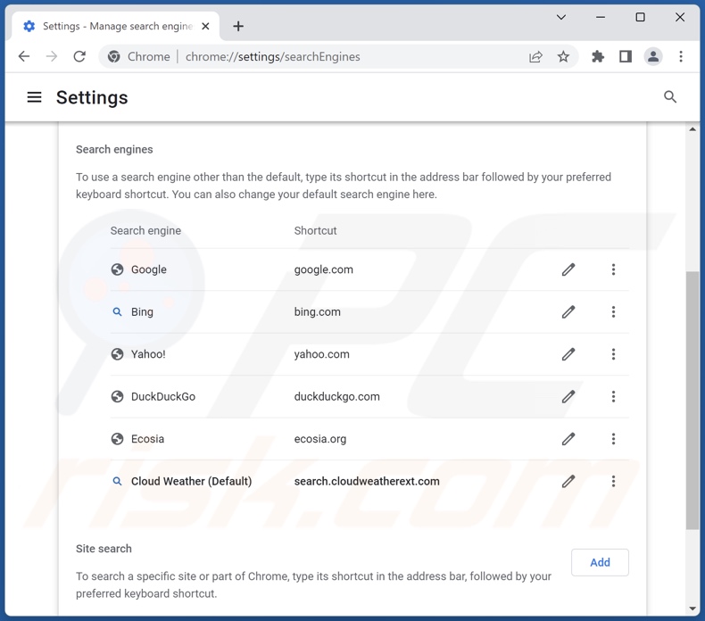 Removing search.cloudweatherext.com from Google Chrome default search engine