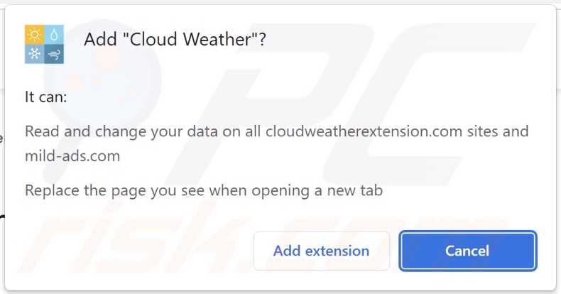 Cloud Weather browser hijacker asking for permissions
