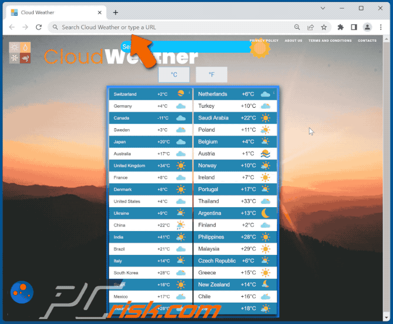 Cloud Weather browser hijacker redirecting to Bing (GIF)