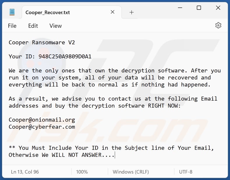 Cooper ransomware text file (Cooper_Recover.txt)