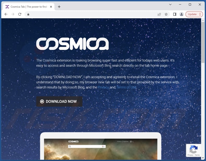 Website used to promote Cosmica browser hijacker