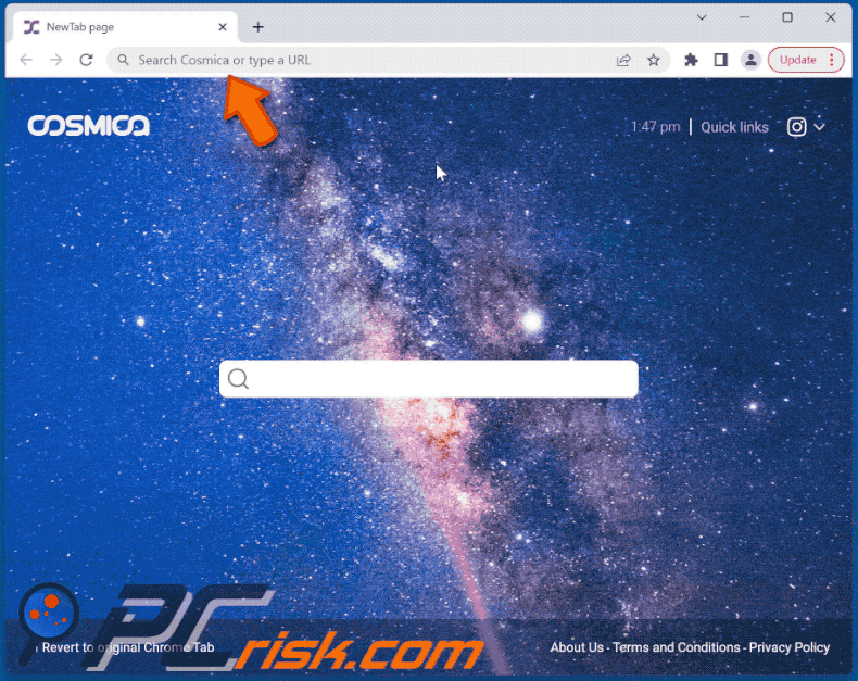 Cosmica browser hijacker search.cosmica-tab.com redirects to bing.com