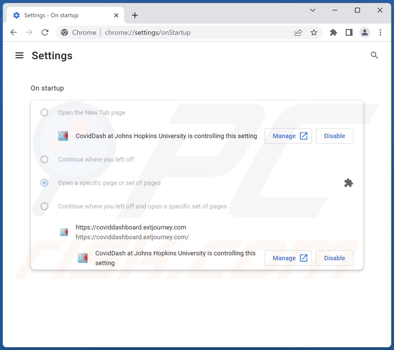 Removing coviddashboard.extjourney.com from Google Chrome homepage