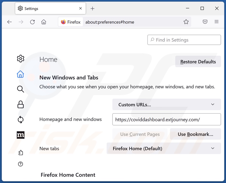 Removing coviddashboard.extjourney.com from Mozilla Firefox homepage