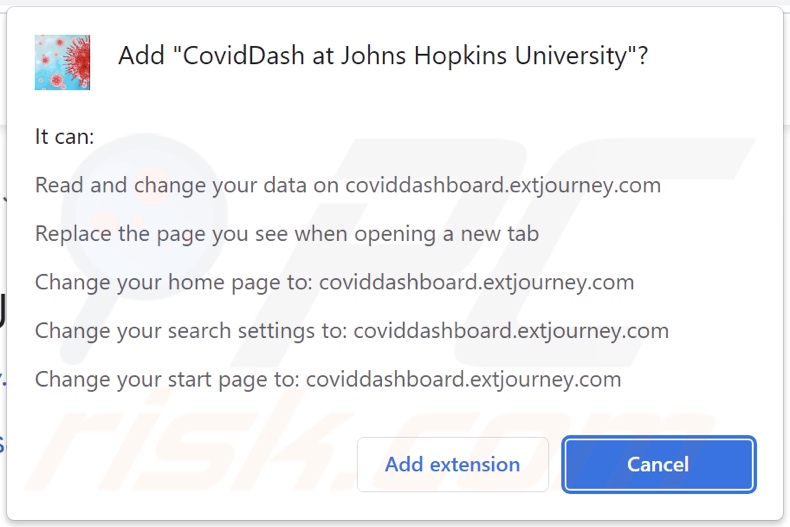 CovidDash browser hijacker asking for permissions